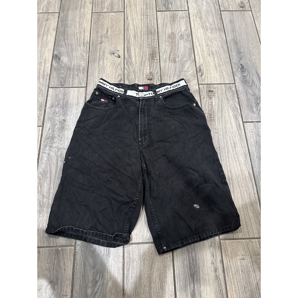 Vintage Tommy Jeans Mens Baggy Fit Denim Shorts Black Wash Waist 30 Y2K Skater
